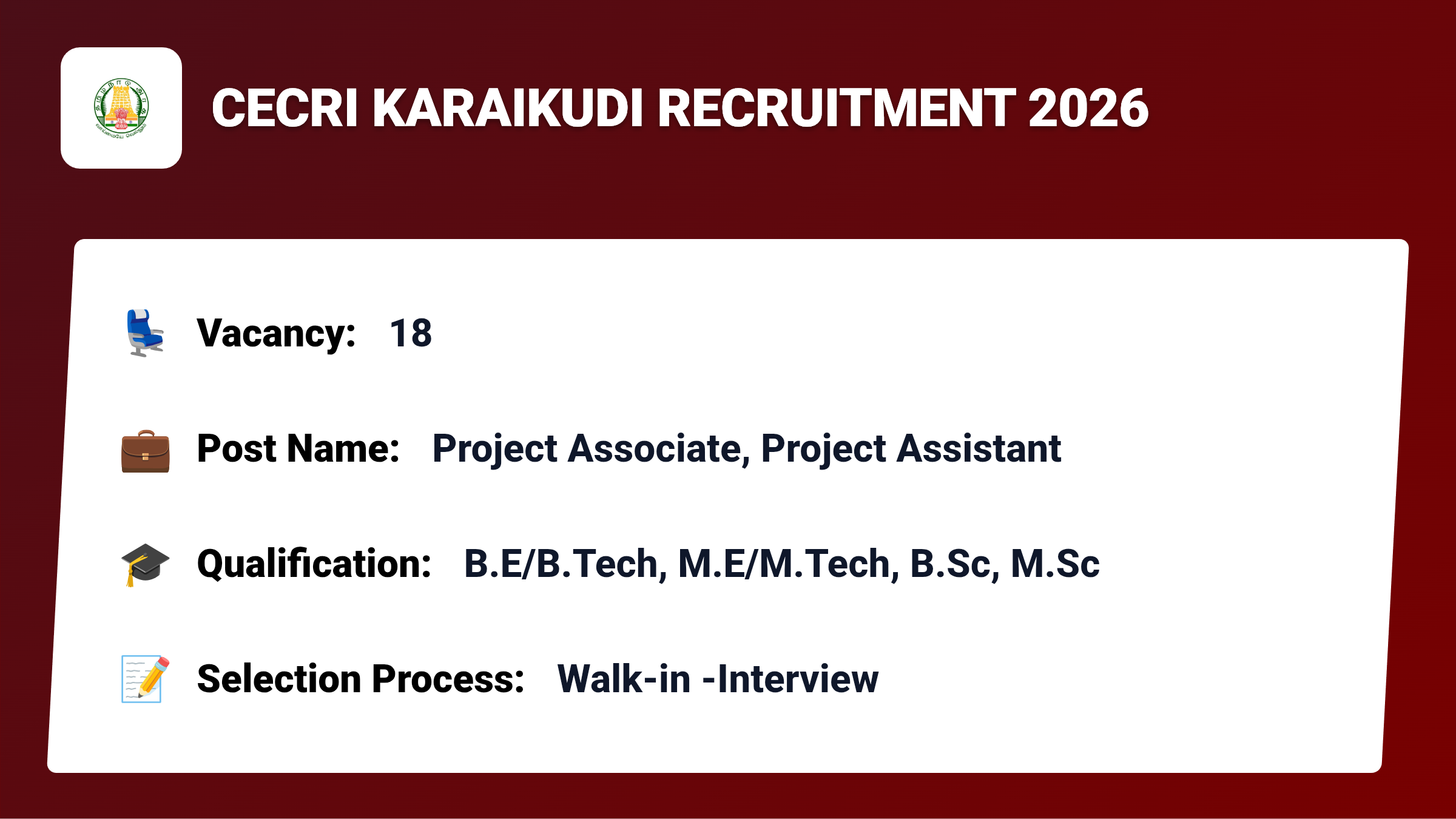 CECRI Karaikudi Recruitment 2026 – Apply for 18 Project Associate, Project Assistant Jobs