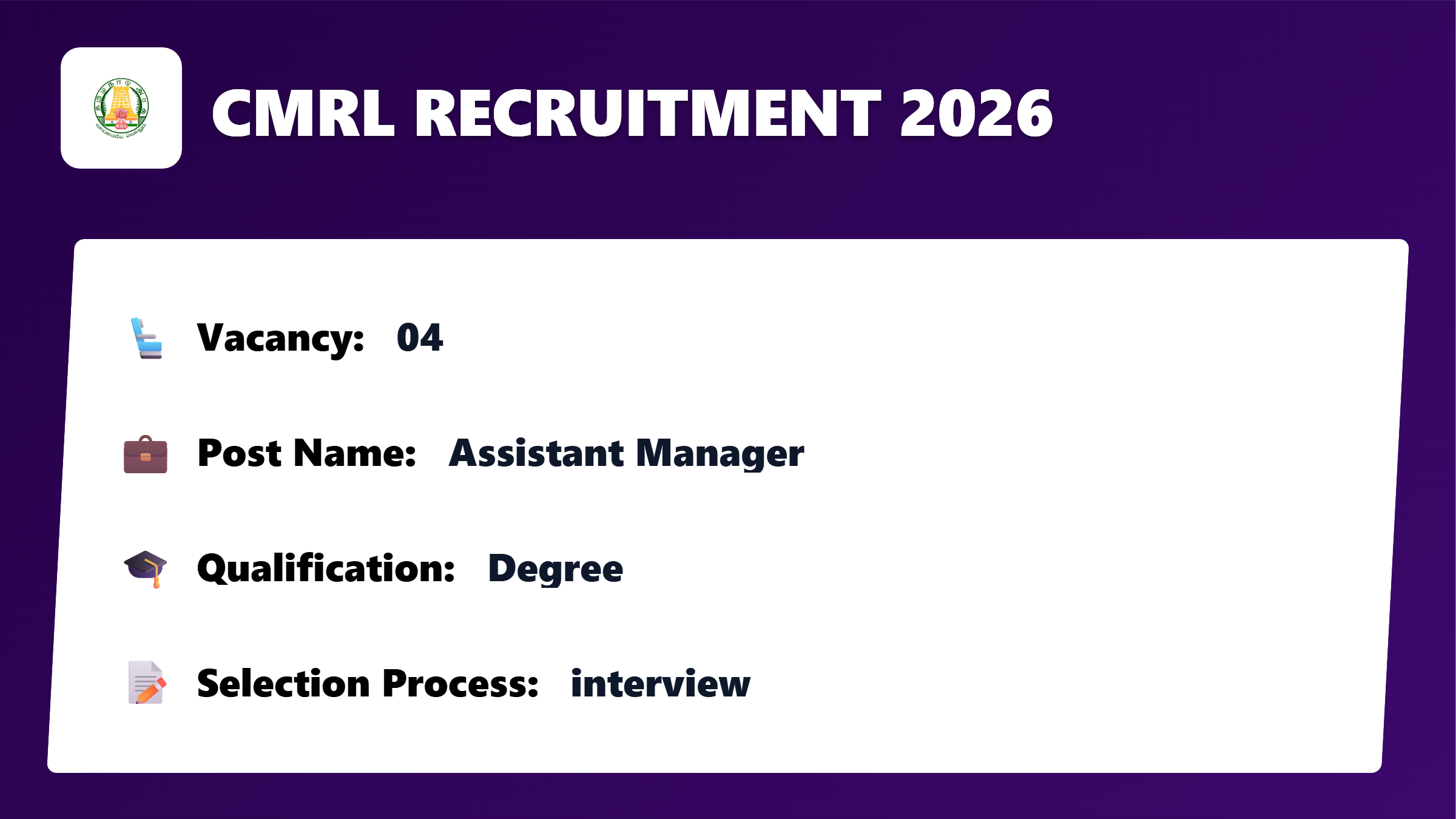 CMRL Recruitment 2026 – Apply for 04 Assistant Manager Jobs