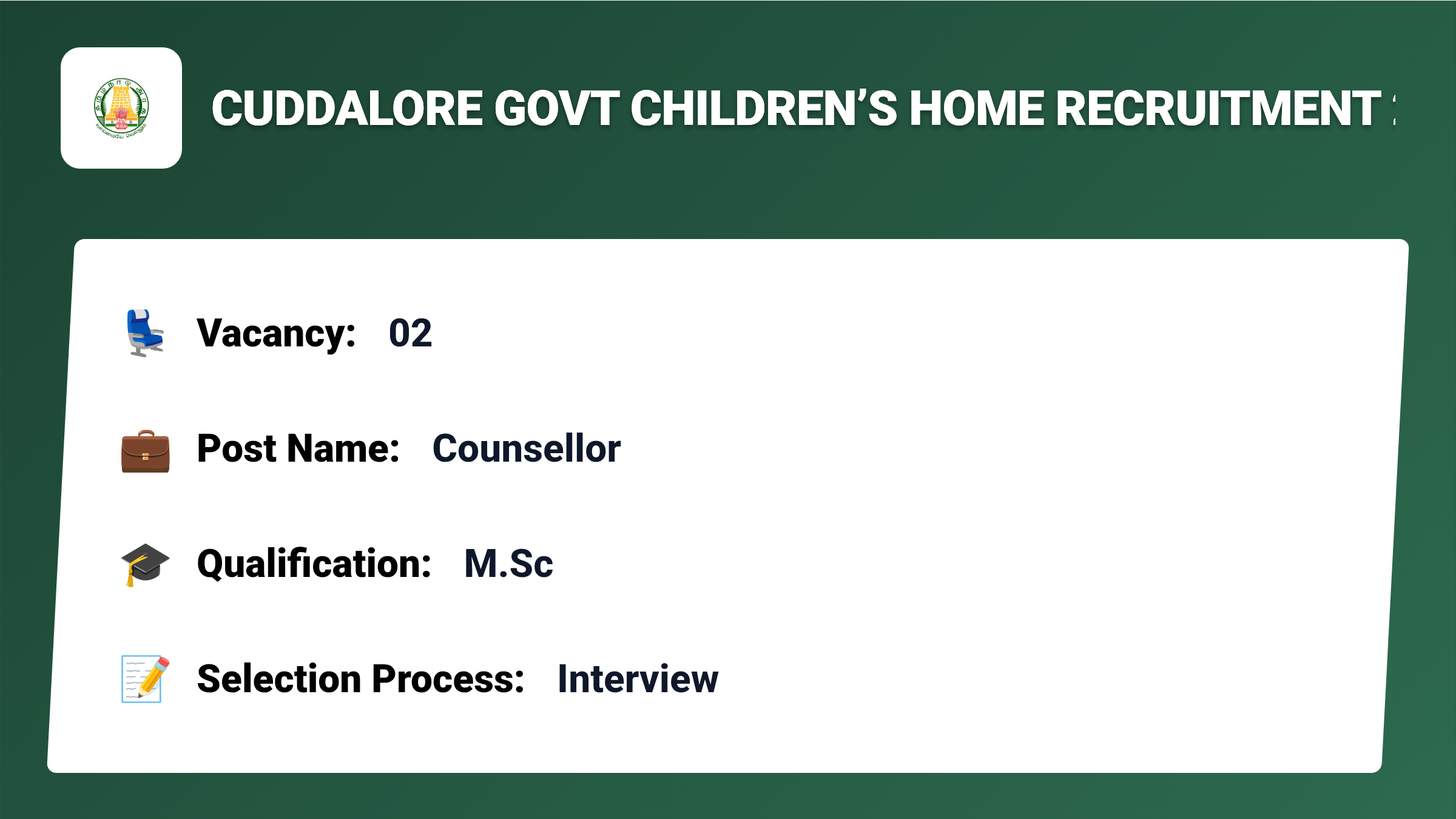 Cuddalore Govt Children’s Home Recruitment 2026 – Apply for 02 Counsellor Jobs