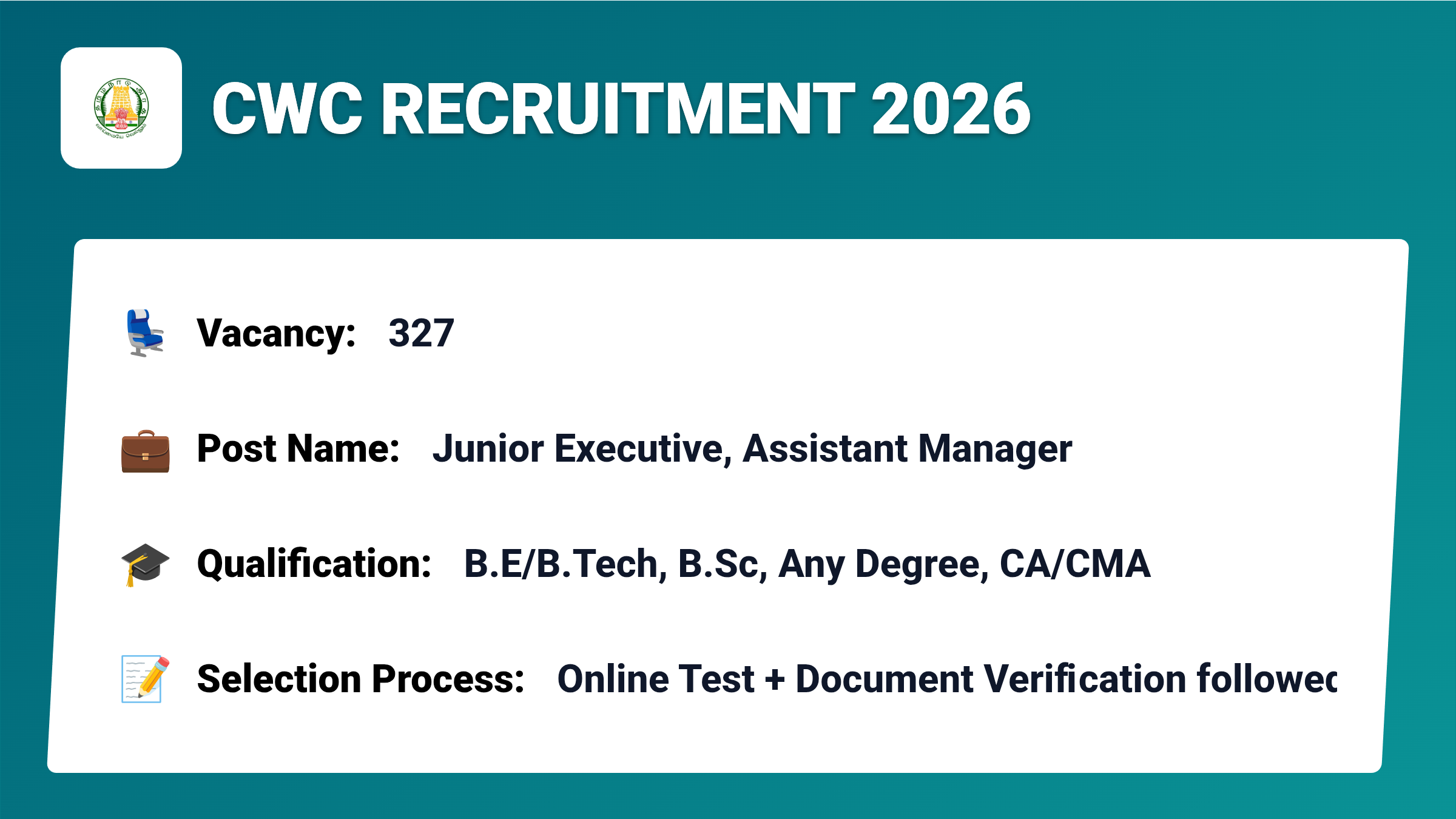 CWC Recruitment 2026 – Apply for 327 Junior Executive, Assistant Manager Jobs