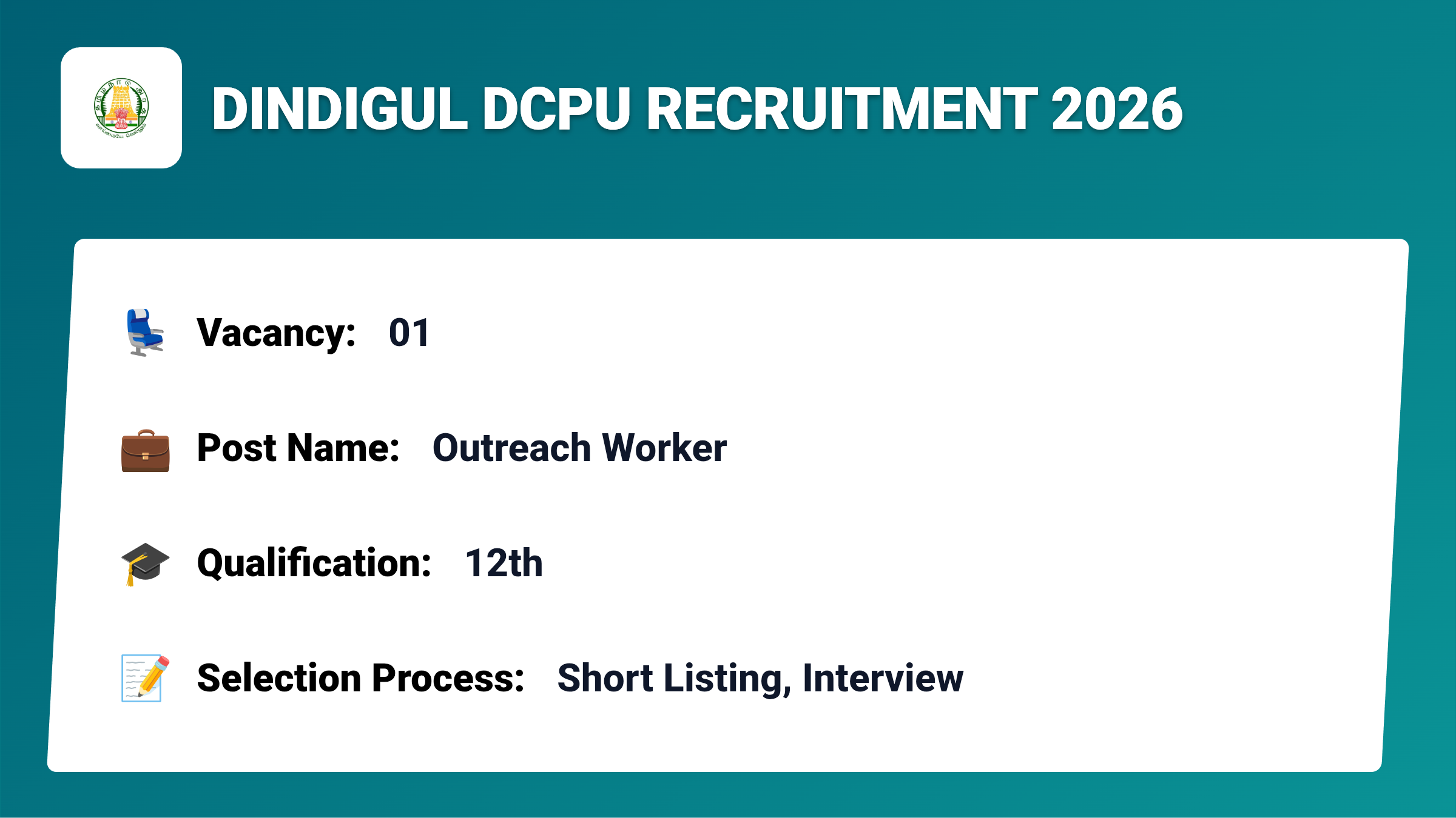 Dindigul DCPU Recruitment 2026 – Apply for 01 Outreach Worker Jobs