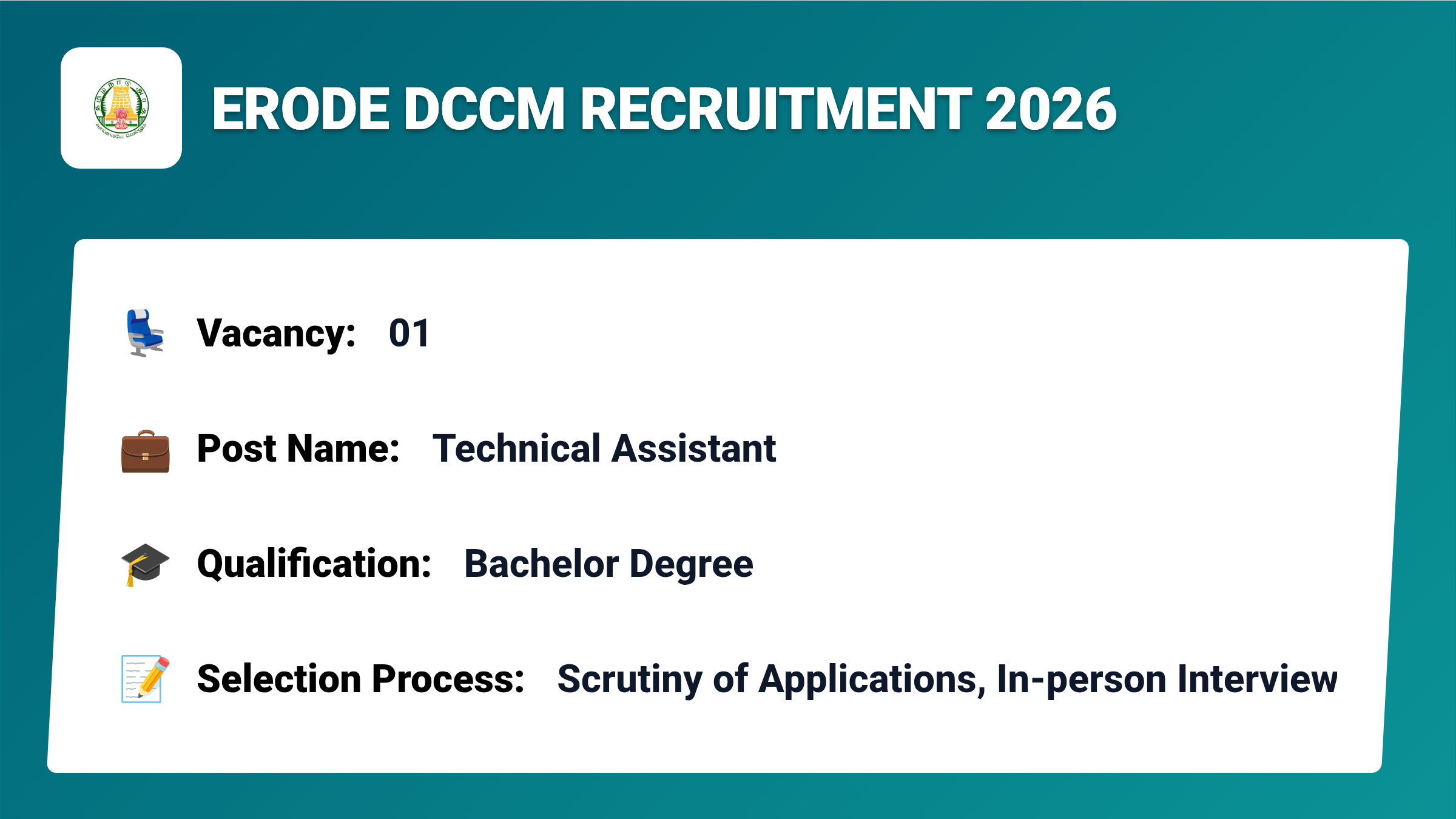 Erode DCCM Recruitment 2026 – Apply for 01 Technical Assistant Jobs