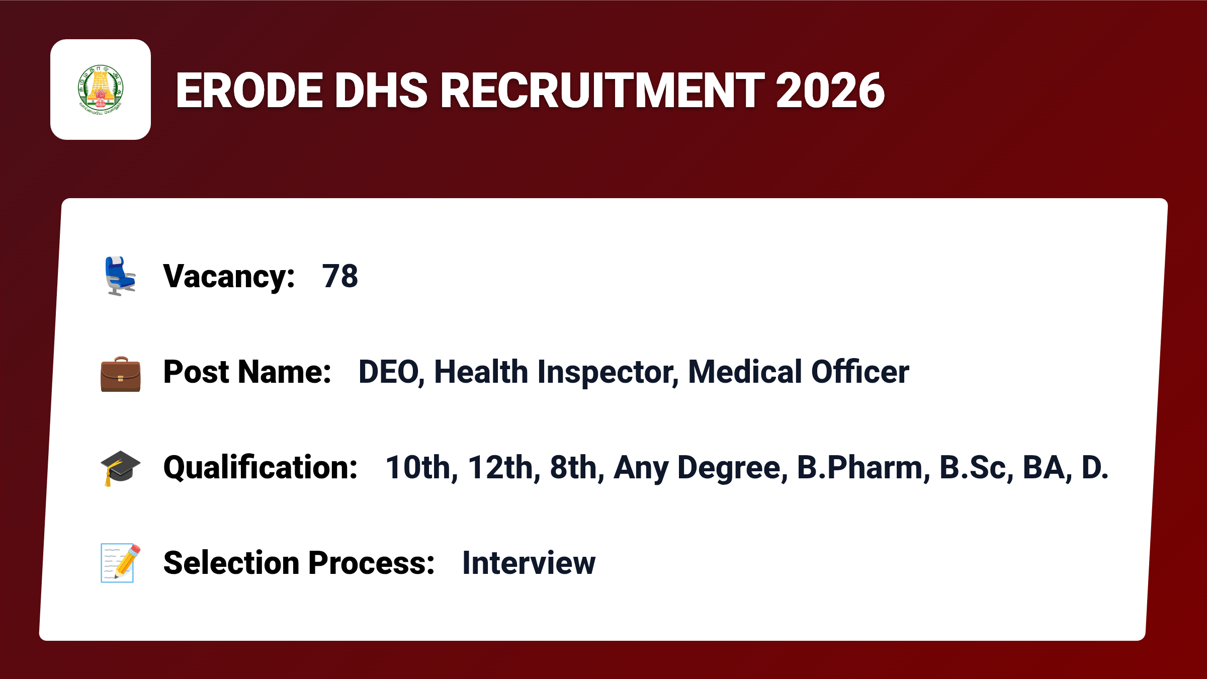 Erode DHS Recruitment 2026 – Apply for 78 DEO, Health Inspector, Medical Officer Jobs