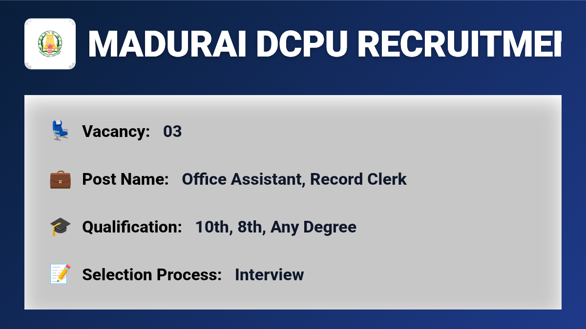 Madurai DCPU Recruitment 2026 – Apply for 03 Office Assistant, Record Clerk Jobs
