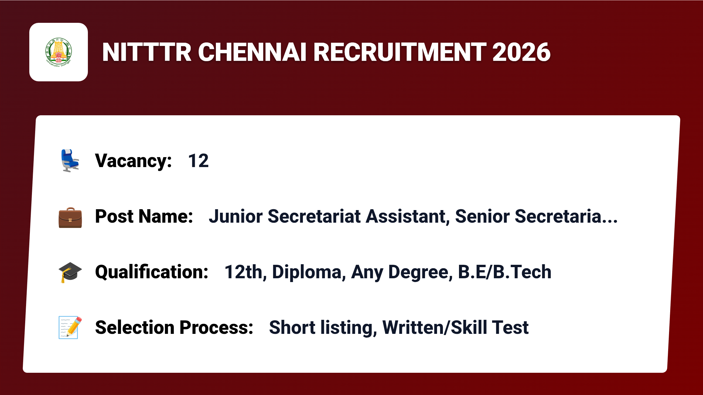 NITTTR Chennai Recruitment 2026 – Apply for 12 Junior Secretariat Assistant, Senior Secretariat Assistant, Technical Assistant, Assistant Section Officer, Section Officer, Technical Officer Jobs