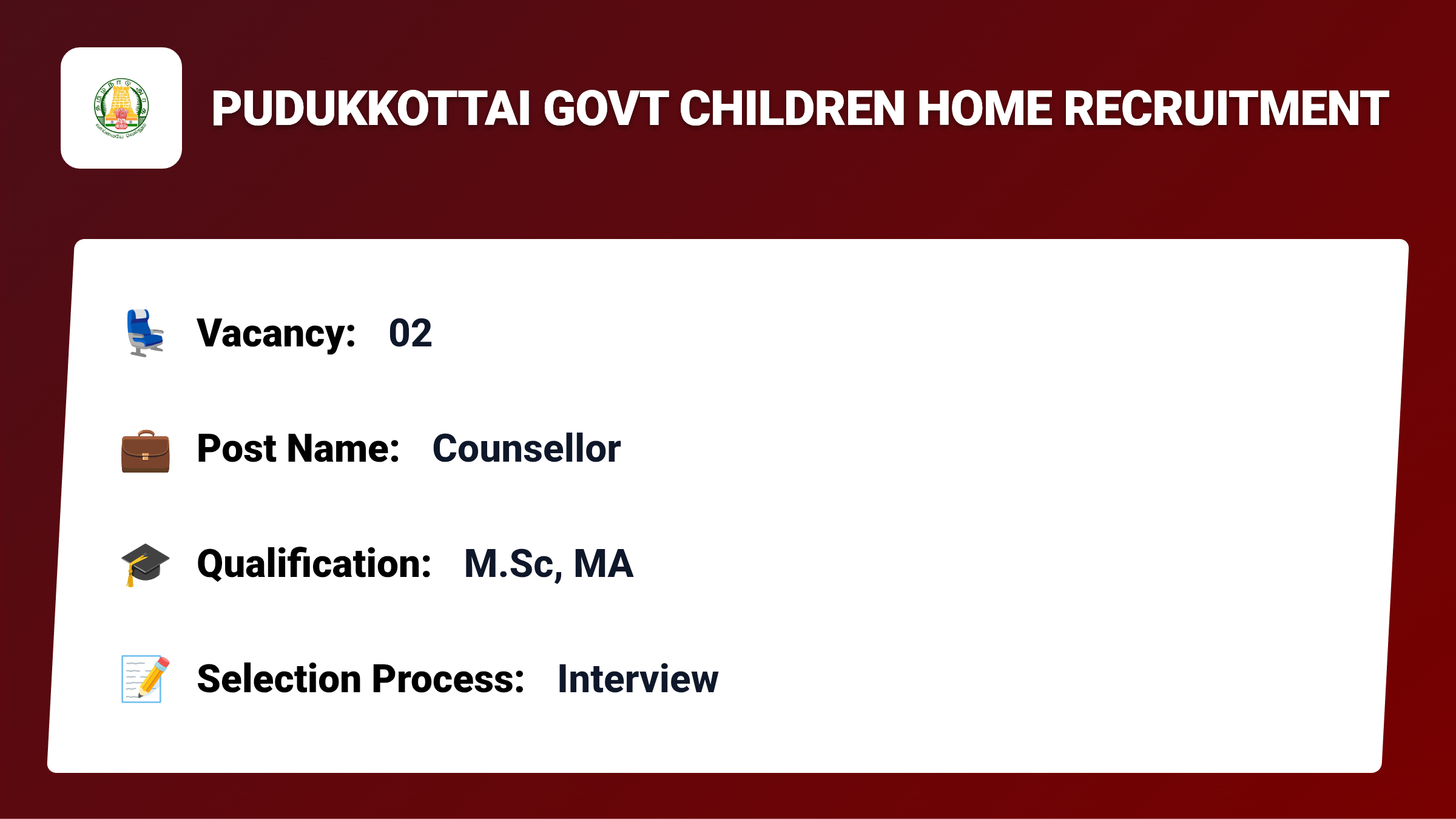 Pudukkottai Govt Children Home Recruitment 2026 – Apply for 02 Counsellor Jobs