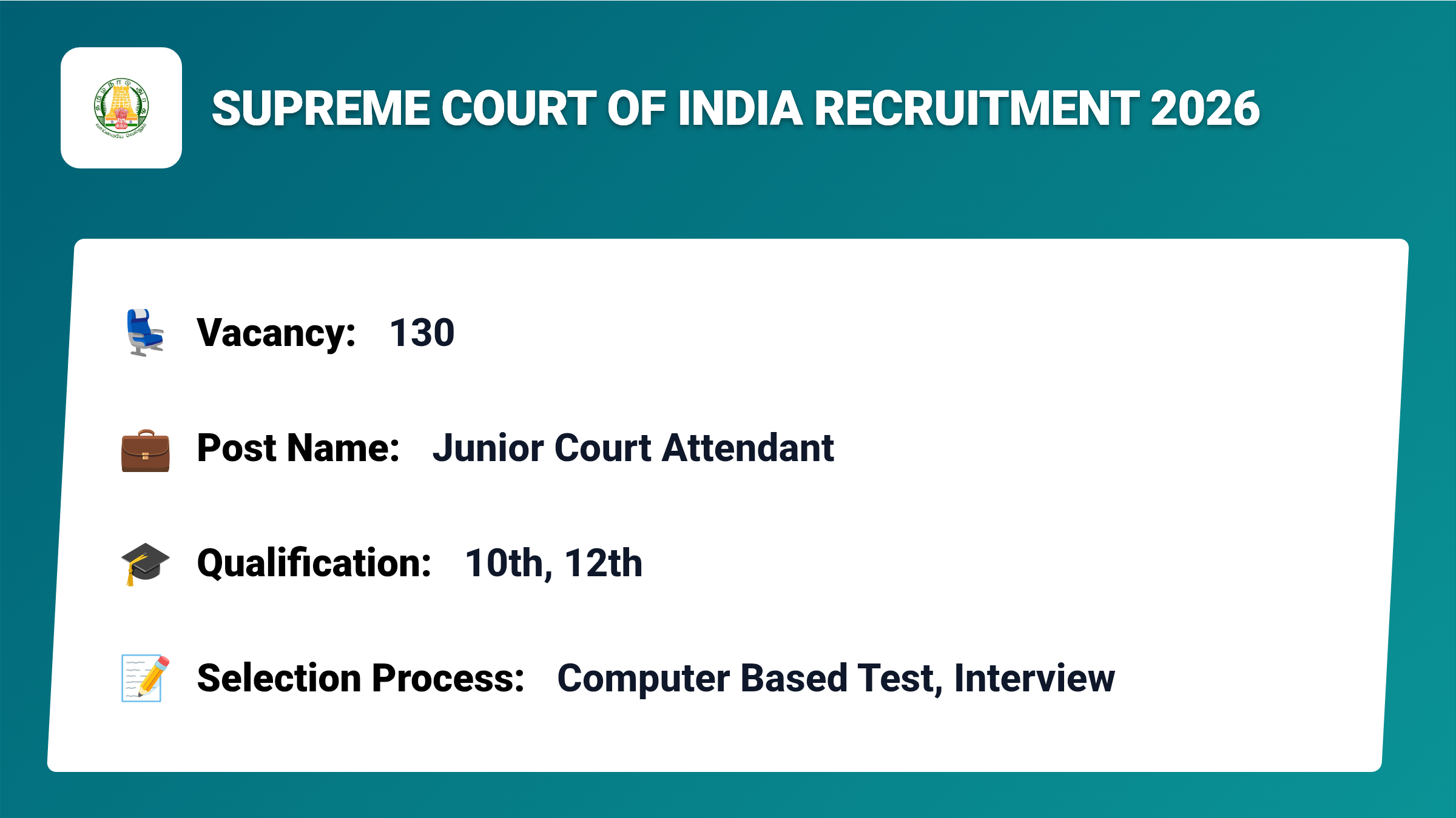 Supreme Court of India Recruitment 2026 – Apply for 130 Junior Court Attendant Jobs