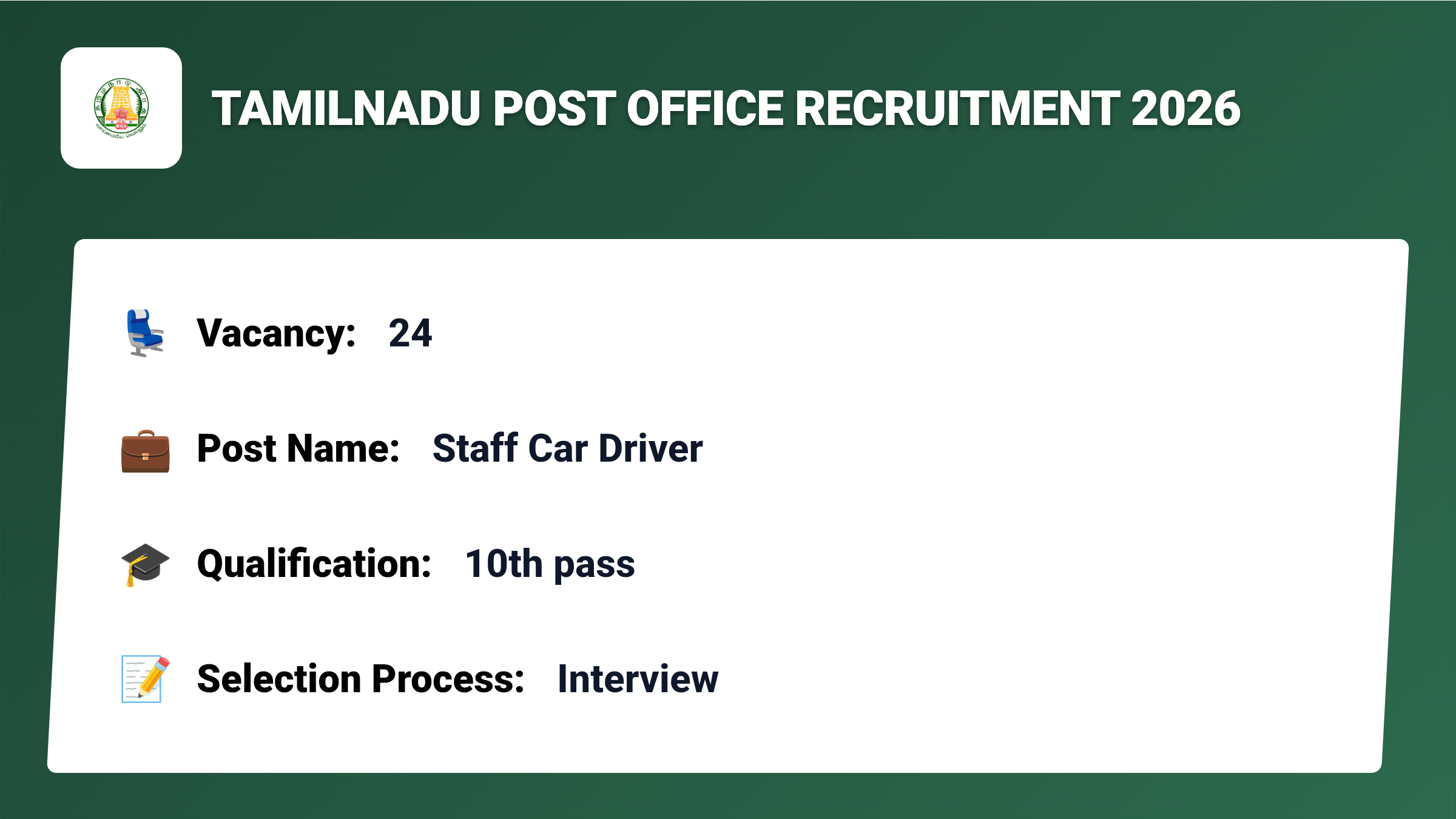 Tamilnadu Post Office Recruitment 2026 – Apply for 24 Staff Car Driver Jobs