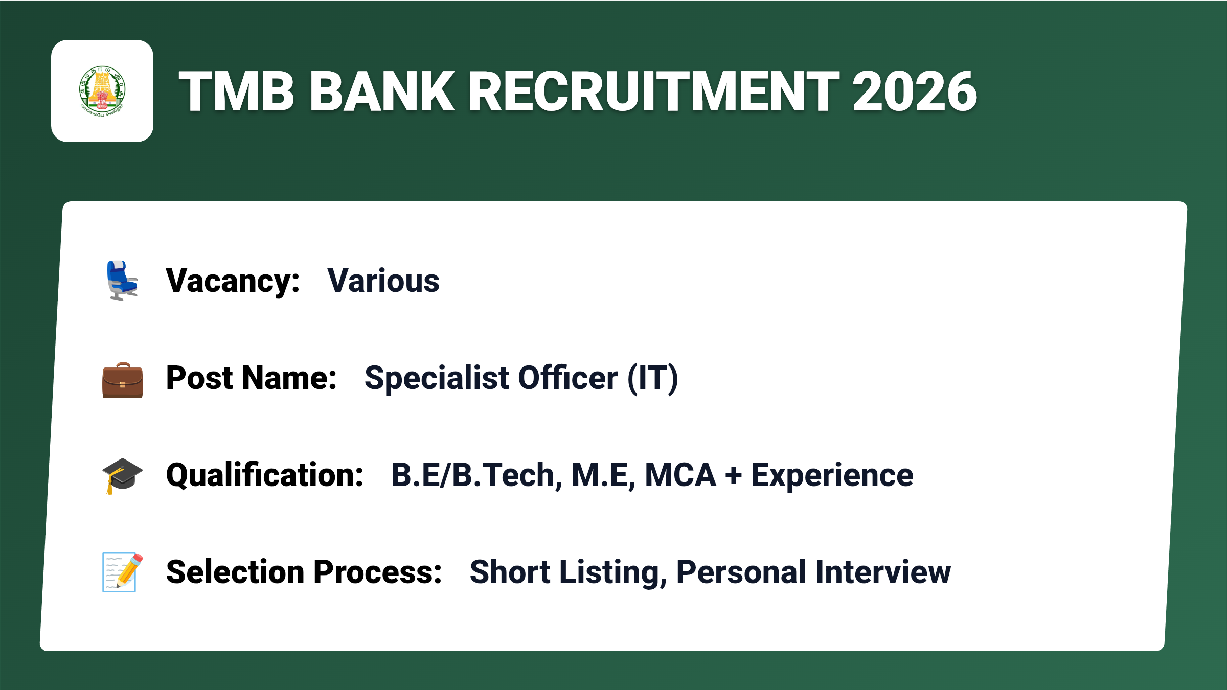 TMB Bank Recruitment 2026 – Apply for Various Specialist Officer (IT) Jobs