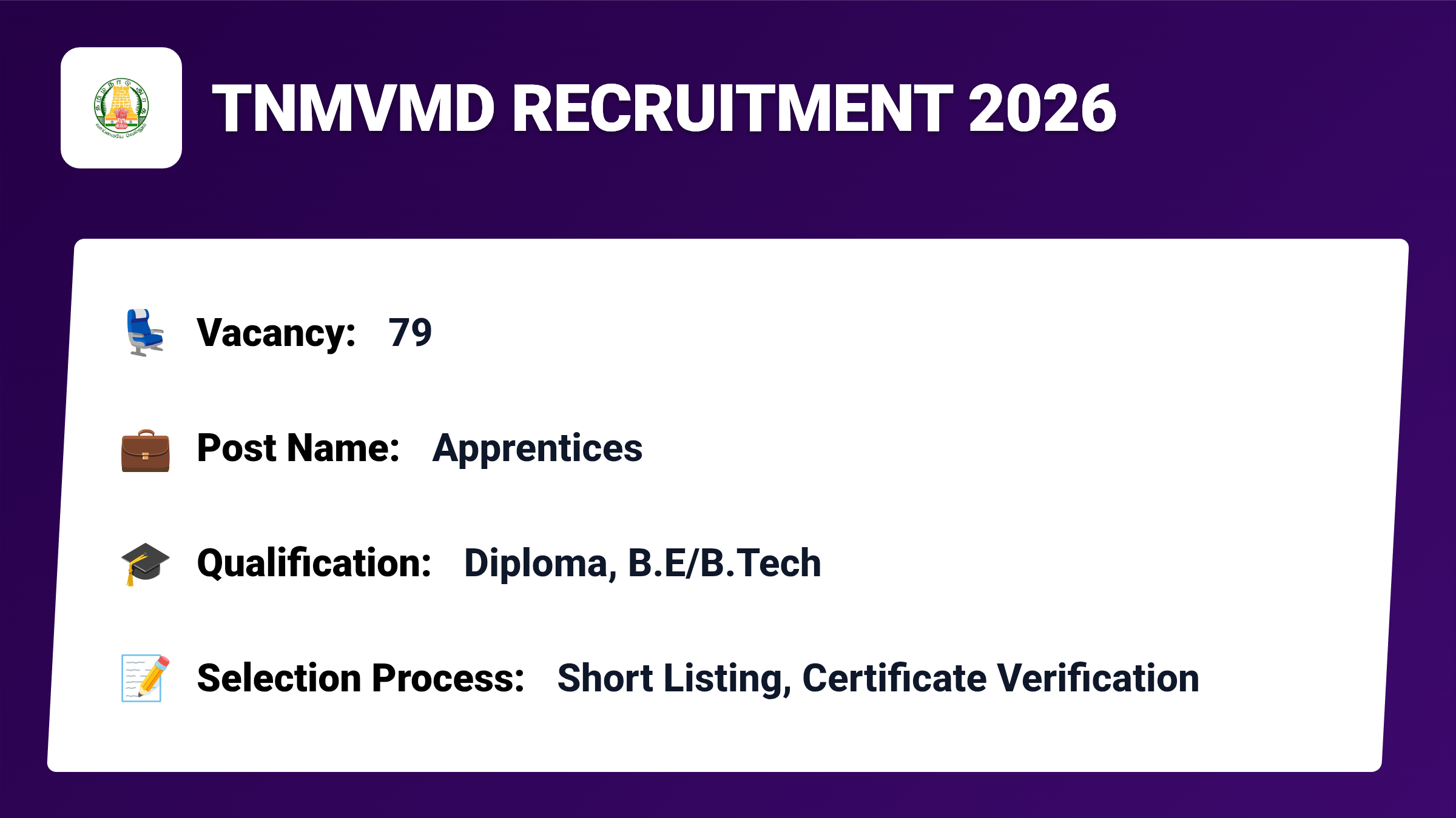 TNMVMD Recruitment 2026 – Apply for 79 Apprentices Jobs