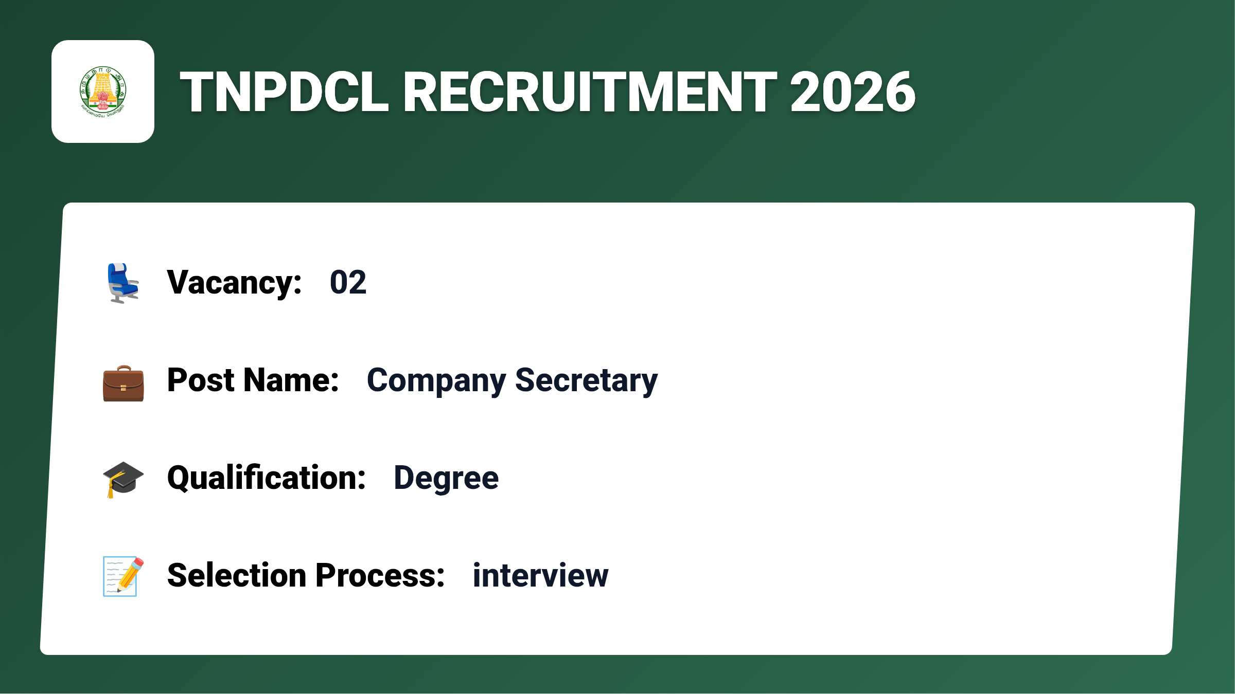 TNPDCL Recruitment 2026 – Apply for 02 Company Secretary Jobs