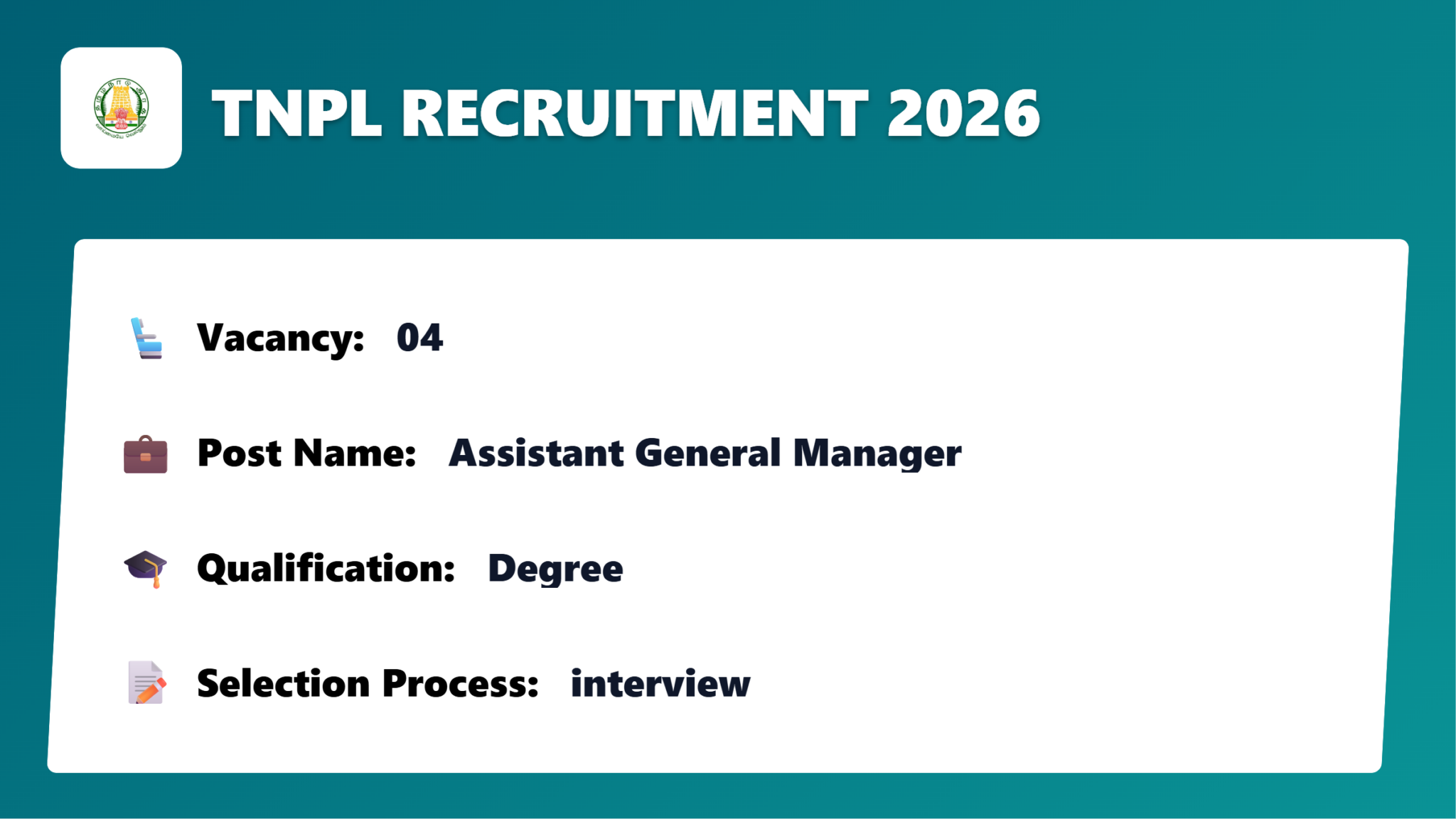 Job Placement Process TNPL Recruitment 2026 - Apply for 04 Assistant General Manager Jobs