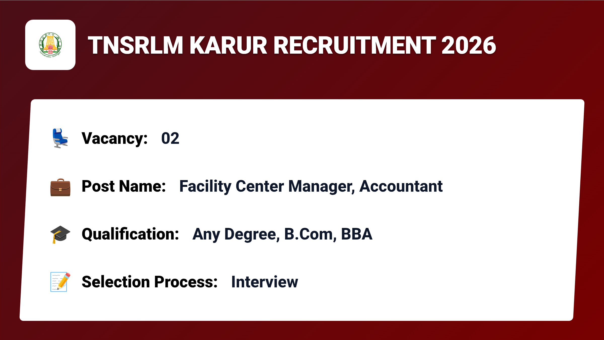 TNSRLM Karur Recruitment 2026 – Apply for 02 Facility Center Manager, Accountant Jobs